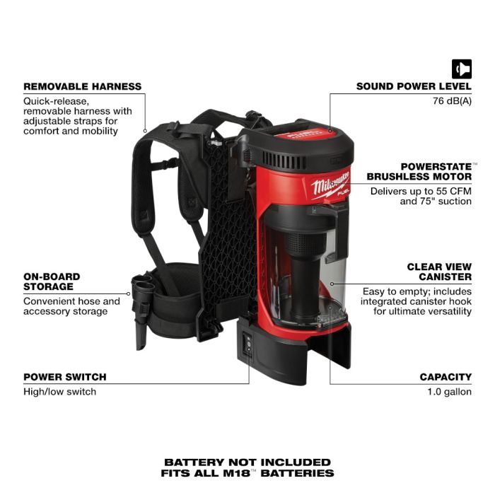 Milwaukee M18 FUEL 18 Volt Lithium Ion Brushless Cordless 3 in 1 Backpack Vacuum Tool Only