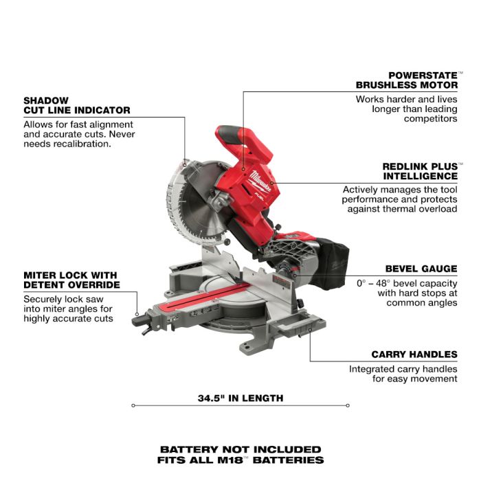 Milwaukee M18 FUEL 18 Volt Lithium Ion Brushless Cordless Dual Bevel Sliding Compound Miter Saw Tool