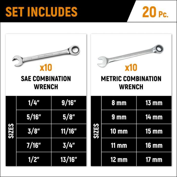 GearWrench 20pc Ratcheting Combination Wrench Set - SAE and Metric