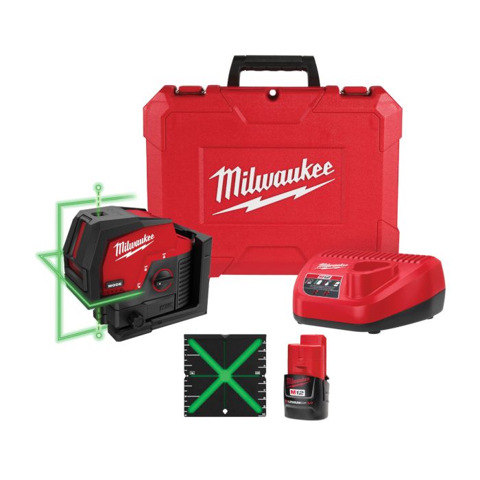 Milwaukee M12 12 Volt Lithium Ion Cordless Green Cross Line Plumb Points Laser Kit